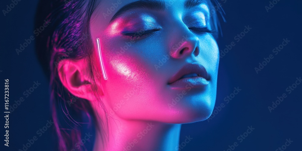 Fototapeta premium Model displays vibrant makeup under striking neon lights, showcasing artistic beauty and contemporary fashion in an elegant, modern setting