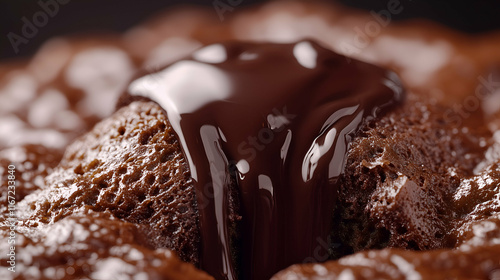 A close-up of a molten chocolate cake topped with a glossy chocolate ganache. The rich, decadent texture of the cake pairs perfectly with the smooth, flowing ganache, making it an irresistible dessert photo