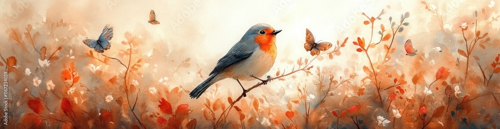 Obraz premium Watercolor Birds and Butterflies in Whimsical Woodland Scene with Soft Pastels and Natural Sunlight