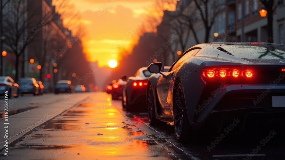 Obraz premium Golden Hour Supercar Lineup: Urban Reflections