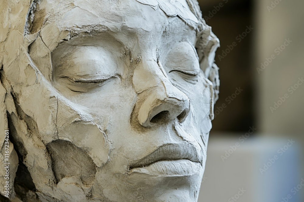 Textured clay sculpture, serene facial features. Textured clay sculpture, serene facial features.