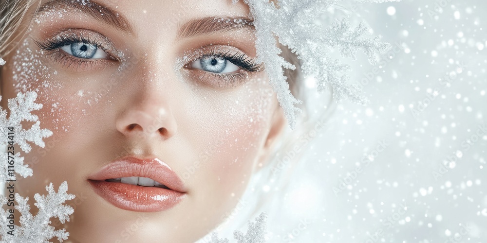 A young woman gazes at the viewer with brilliant blue eyes while delicate snowflakes frame her face, creating a peaceful winter atmosphere A young woman gazes at the viewer with brilliant blue eyes while delicate snowflakes frame her face, creating a peaceful winter atmosphere