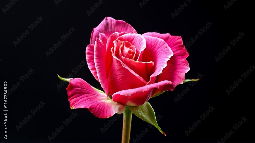 Time-lapse with a single rosebud in the center of a dark background. Blooming fully, starting from a tightly closed bud and gradually opening its petals to reveal a fully bloomed flower Time-lapse with a single rosebud in the center of a dark background. Blooming fully, starting from a tightly closed bud and gradually opening its petals to reveal a fully bloomed flower