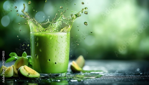 Close Up Splash of Matcha Green Tea Milkshake Smoothie with Creamy Yoghurt and Liquid Droplet Details in Dreamy Warm Light photo