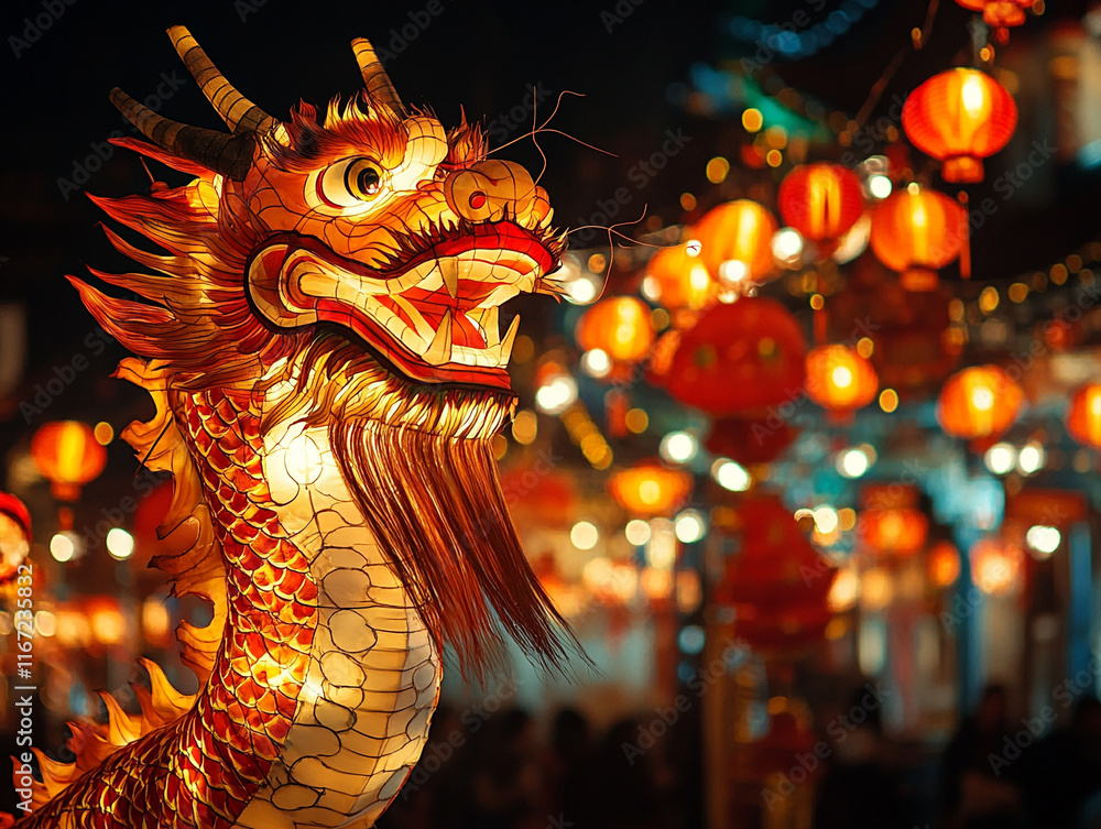 Fototapeta premium Colorful dragon lantern amidst festive lights at night