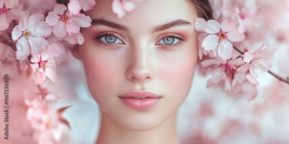 A young woman gazes softly at the viewer, her face framed by delicate pink cherry blossoms in full bloom, capturing the essence of spring A young woman gazes softly at the viewer, her face framed by delicate pink cherry blossoms in full bloom, capturing the essence of spring