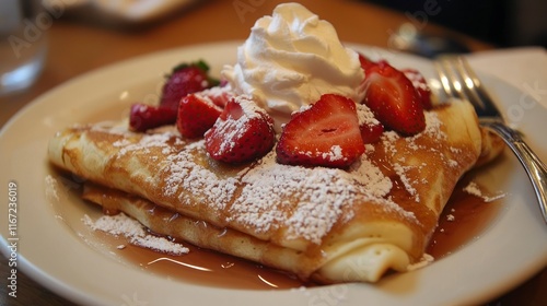 Delicious crepe topped with fresh strawberries, whipped cream, and powdered sugar. photo