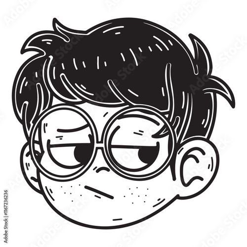 illustration art head cute sulky boy wearing glasses black and white tattoo sticker an t-shirt design
