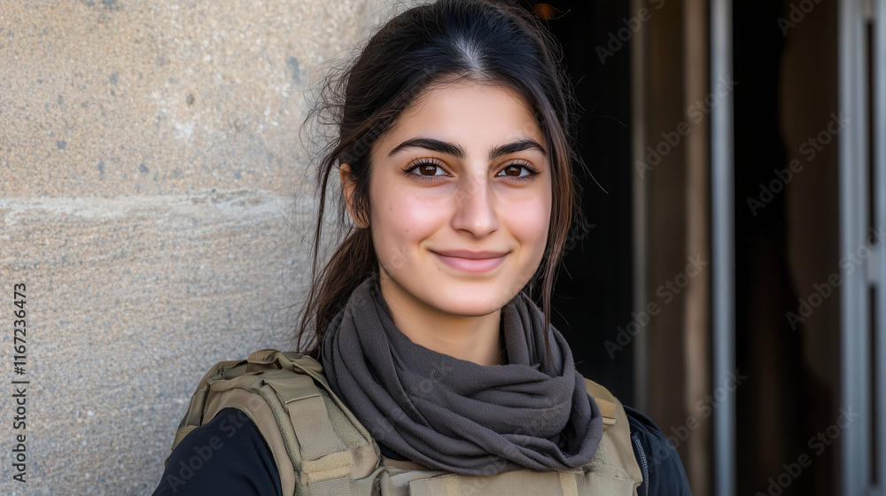 Mujer soldado con hiyab y chaleco táctico sonriendo en ambiente exterior Mujer soldado con hiyab y chaleco táctico sonriendo en ambiente exterior