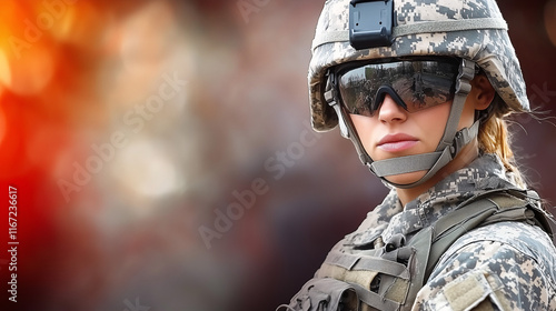 Mujer soldado con uniforme táctico y gafas de sol en misión photo