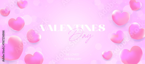 Modern Valentine’s Day banner with pink hearts and bokeh. Stylish romantic design for greeting cards, posters, and social media posts. February 14 love-themed illustration.