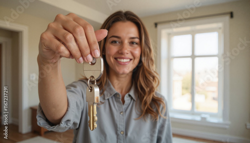 Smiling woman holding first apartment keys in a bright living room
