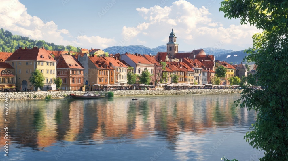 Naklejka premium A bright sunny morning in a quaint village 