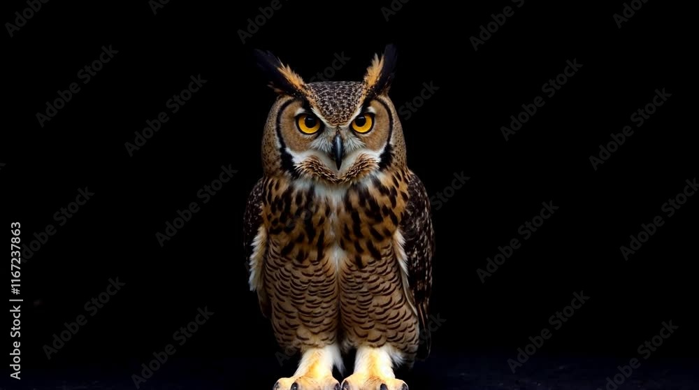 Majestic Owl with Piercing Yellow Eyes on a Black Background Majestic Owl with Piercing Yellow Eyes on a Black Background