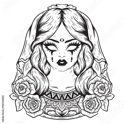 illustration art girl in bride dress with flower engraving ornament tattoo and tshirt design