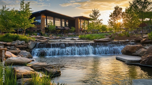 Beautiful waterfall in I TC sports park with lush greenery, trees and rocks along the river bank during golden hour in St Louis City abandoned town 