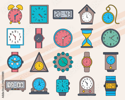 Set of free vector icons showing various types of clocks and watches