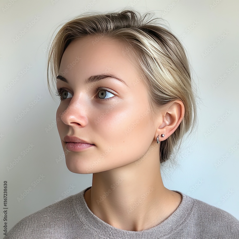 Naklejka premium woman, hair, beauty, face, ear, profile, close-up, skin, person, closeup, head, neck, model, one, people, side, fashion, eyes, brunette, studio, hearing, lady, glamour, long