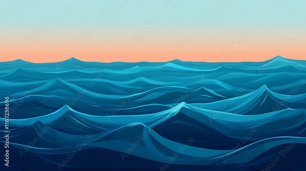 Serene Blue Ocean Waves Crashing Softly Against Horizon Serene Blue Ocean Waves Crashing Softly Against Horizon