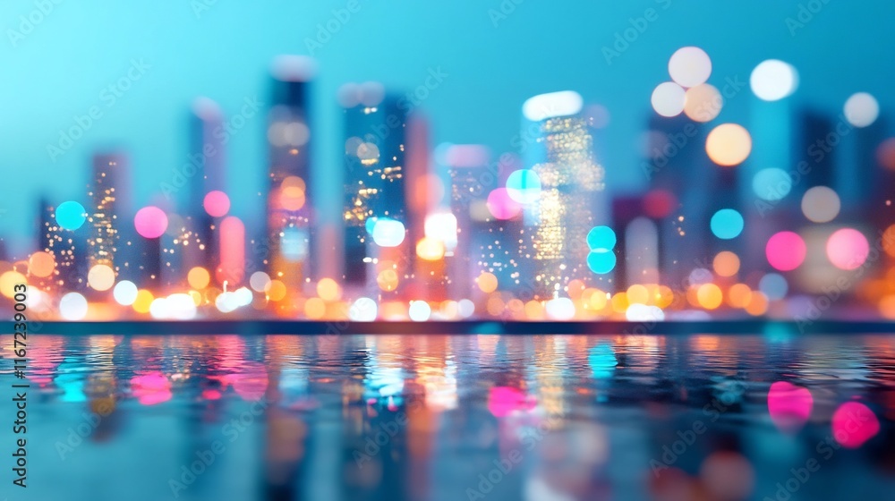 Vibrant Illuminated City Skyline at Night with Colorful Reflections Vibrant Illuminated City Skyline at Night with Colorful Reflections