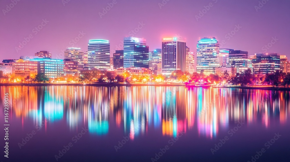 Naklejka premium Captivating Cityscape:Illuminated Skyscrapers Reflecting on the Glittering Nightscape