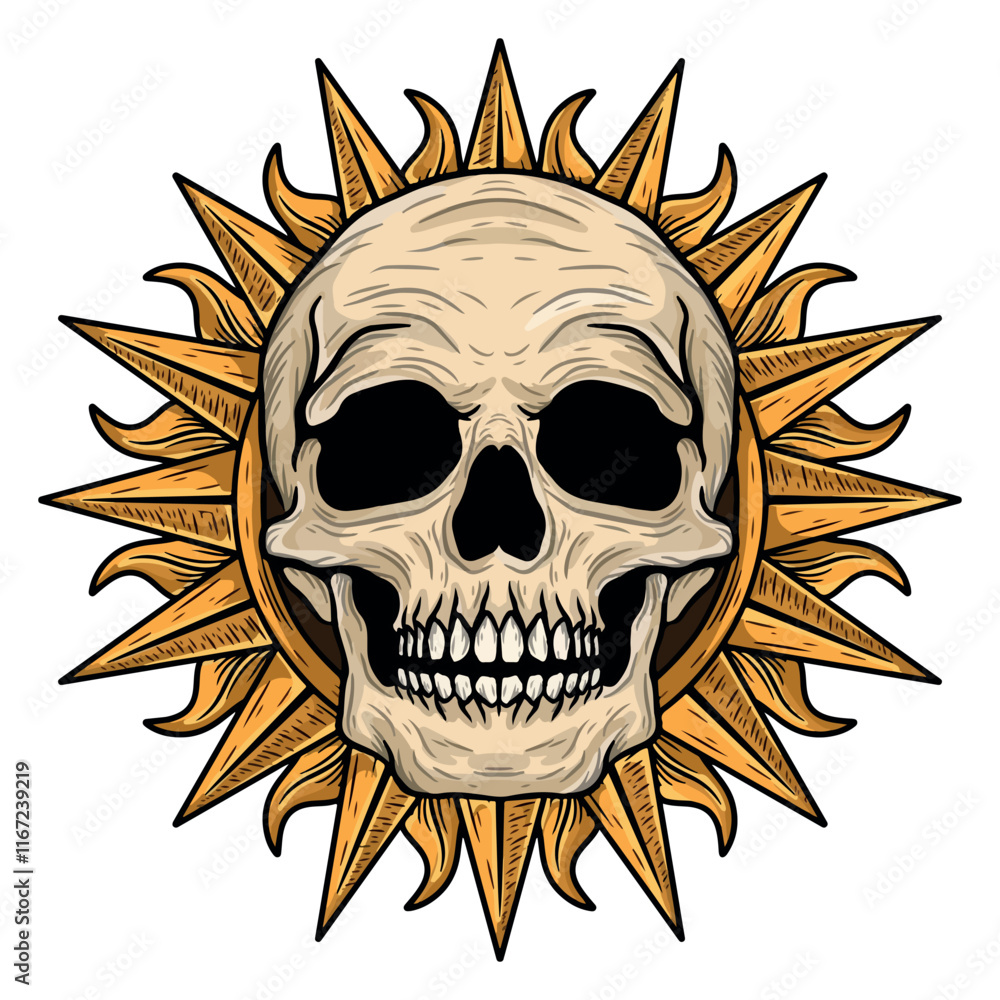 Fototapeta premium illustration art skull with sun engraving sun frame ornament tattoo and t-shirt design