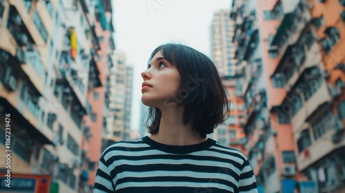 Young Woman Stands Amidst Diverse City Architecture on a Busy Street Scene