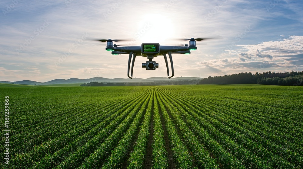 Autonomous Drones Monitoring Crops in Farmlands, a realistic photo of a drone hovering above vast green fields, with sunlight highlighting its sensors as it scans rows of crops Autonomous Drones Monitoring Crops in Farmlands, a realistic photo of a drone hovering above vast green fields, with sunlight highlighting its sensors as it scans rows of crops
