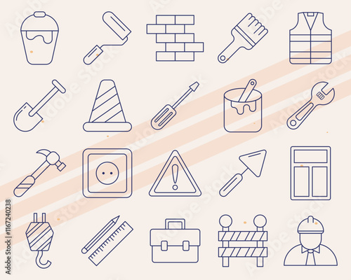 Additional vector icons representing construction elements like bricks helmets and hammers