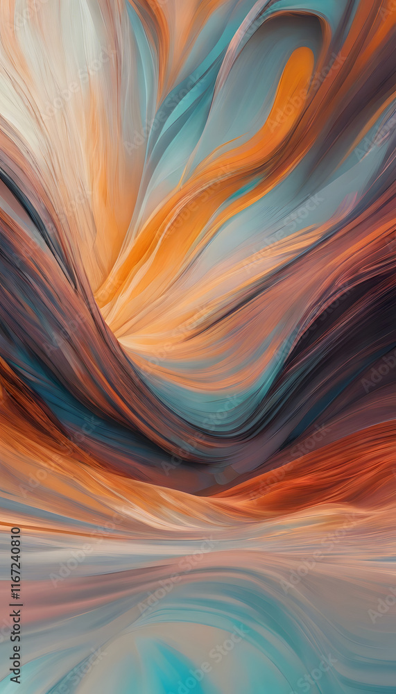An abstract digital artwork featuring flowing waves of vibrant colors, including orange, blue, and brown, creating a sense of movement and depth. Abstract texture panorama background as wallpaper. An abstract digital artwork featuring flowing waves of vibrant colors, including orange, blue, and brown, creating a sense of movement and depth. Abstract texture panorama background as wallpaper.