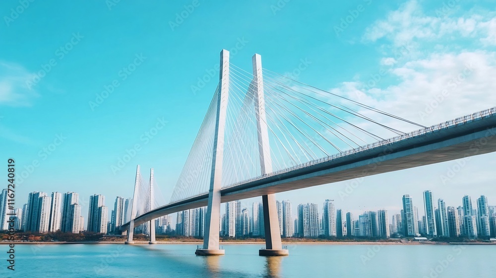 Fototapeta premium Majestic Modern Bridge Spanning Over Vibrant City River Skyline