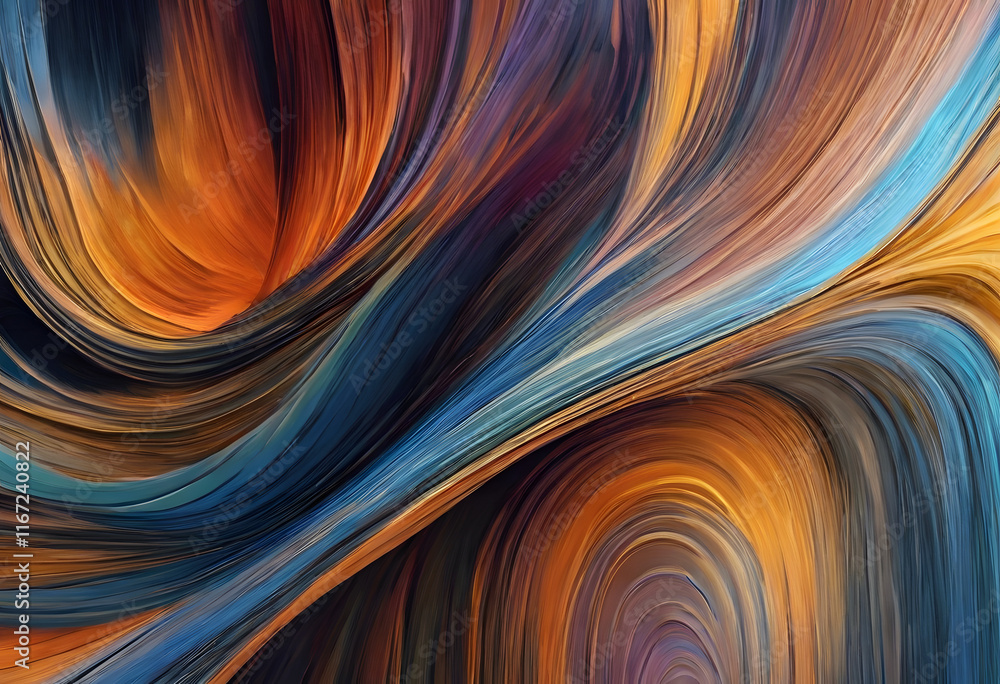An abstract digital artwork featuring flowing waves of vibrant colors, including orange, blue, and brown, creating a sense of movement and depth. Abstract texture panorama background as wallpaper. An abstract digital artwork featuring flowing waves of vibrant colors, including orange, blue, and brown, creating a sense of movement and depth. Abstract texture panorama background as wallpaper.