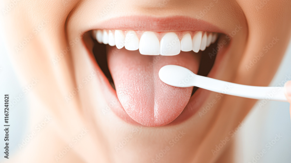 Naklejka premium Bathroom health routine close-up on teeth brushing and tongue cleaning