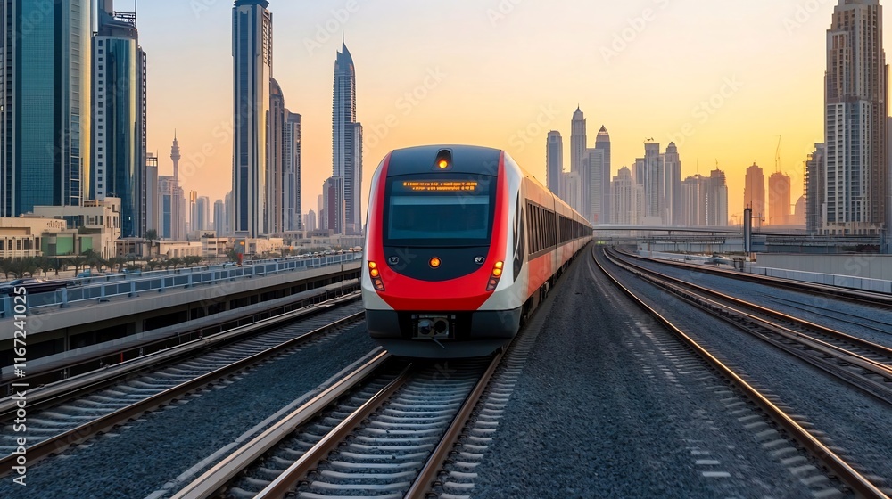 Fototapeta premium Futuristic High-Speed Train Passing Through Vibrant Cityscape at Sunset