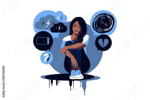 Depressed sad black skinned woman thinking over problems. Bankruptcy, loss, crisis, burnout syndrome, relationship trouble concept. Vector illustration. Flat.