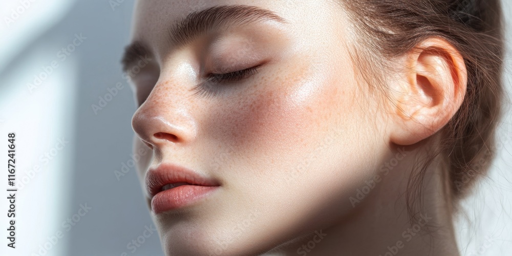 Young woman with closed eyes enjoys tranquility, illuminated by gentle sunlight casting soft shadows across her serene features in a calm setting Young woman with closed eyes enjoys tranquility, illuminated by gentle sunlight casting soft shadows across her serene features in a calm setting