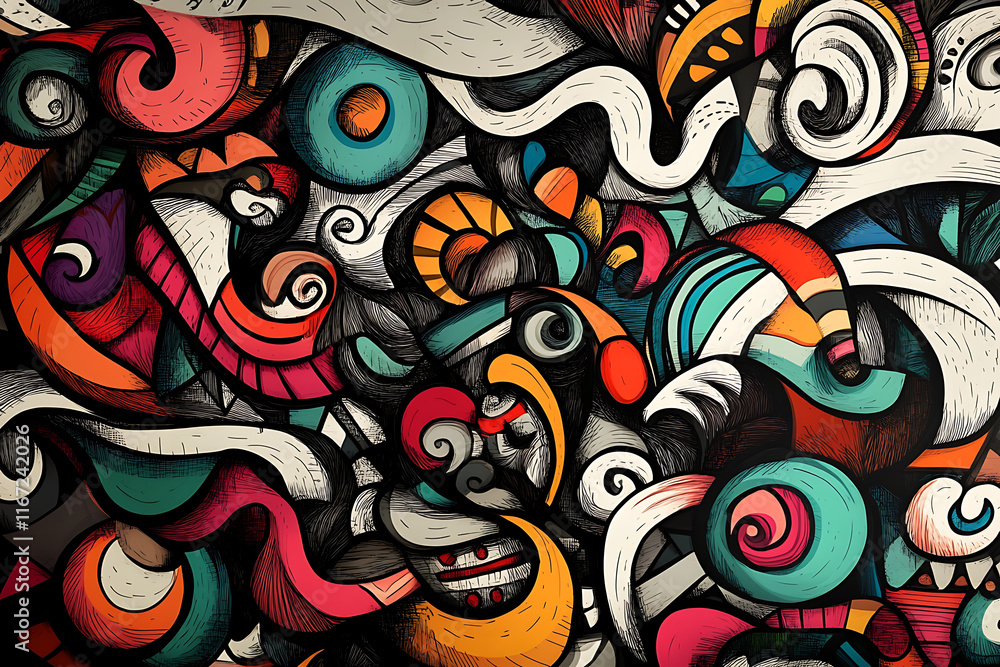 Abstract colorful design with swirling patterns and shapes. Abstract colorful design with swirling patterns and shapes.