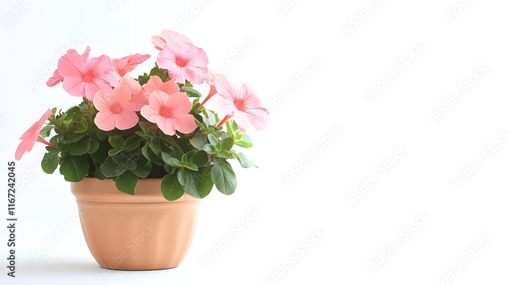 Pink petunias blooming in a terracotta pot Pink petunias blooming in a terracotta pot