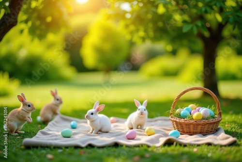 Background Copy-space for text: A charming picnic setup in a sunny park, featuring a blanket, a basket of Easter eggs, and a few playful bunnies hopping around. The scene is bright and cheerful photo