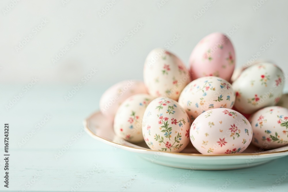 Background Copy-space for text: An artistic display of hand-painted Easter eggs arranged on a decorative plate. Background Copy-space for text: An artistic display of hand-painted Easter eggs arranged on a decorative plate.