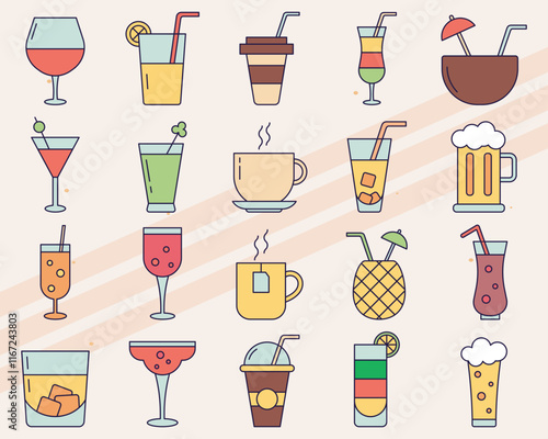 Set of vector icons representing various drinks and beverages including soda and cocktails