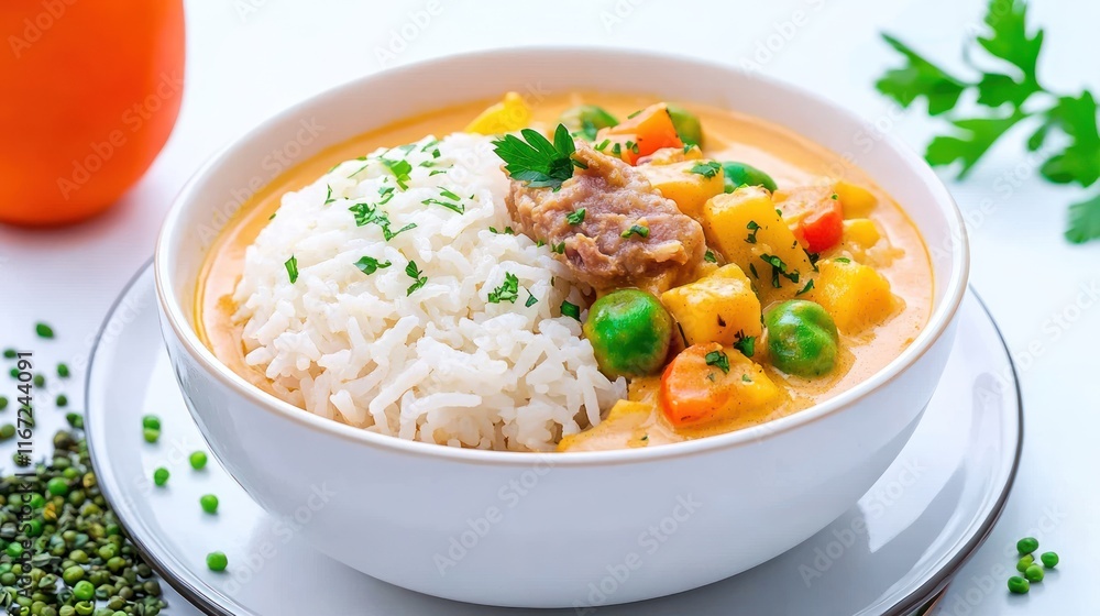 A bowl of rice served with a colorful vegetable curry. A bowl of rice served with a colorful vegetable curry.