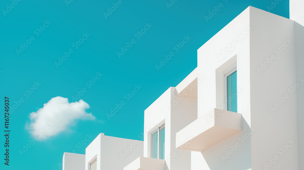 Modern white architecture against a bright blue sky with solitary cloud Modern white architecture against a bright blue sky with solitary cloud