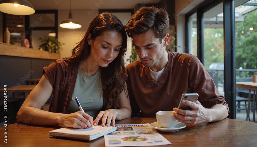 Fototapeta premium Couple planning shopping list in a cozy café with notes and phone