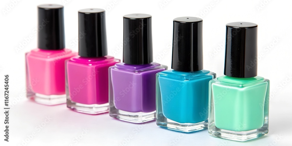 Nail polishes in bottles on color background, flat lay. Space for text
Nail polishes in bottles on color background, flat lay. Space for text