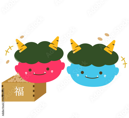 赤鬼と青鬼と豆まきの大豆。ベクターイラスト