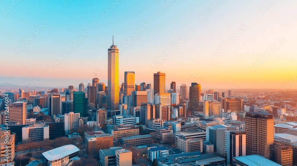 Fototapeta premium Bustling Urban Skyline at Sunset with Glowing Skyscrapers in Golden Hour