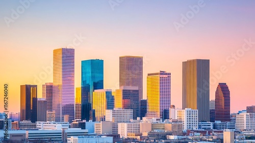 Majestic Cityscape at Golden Hour:Skyscrapers Glowing in Vibrant Urban Sunset