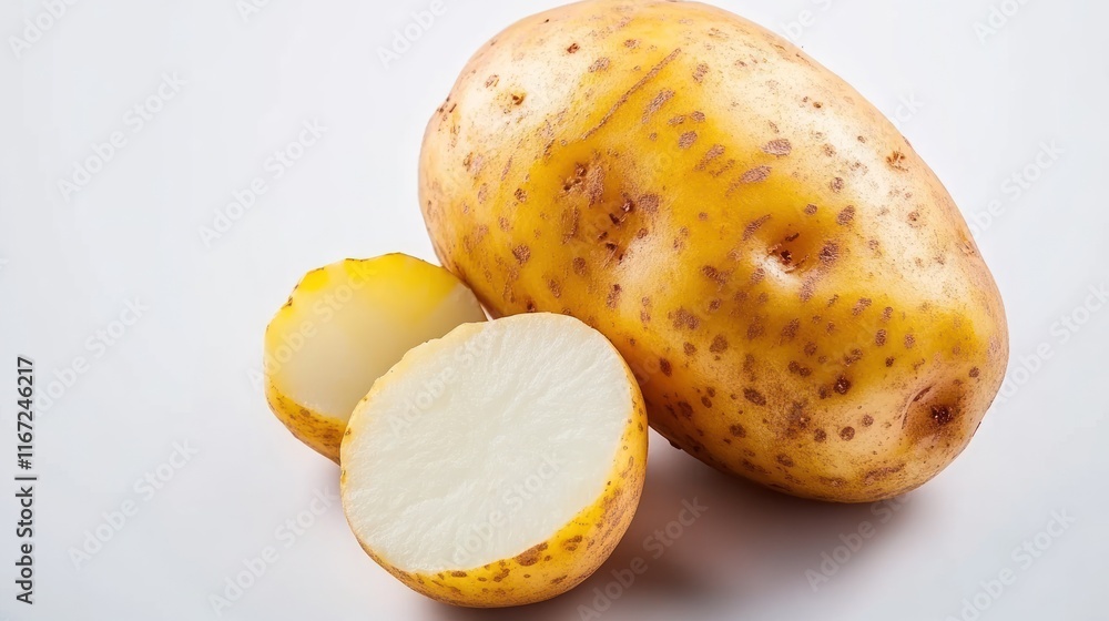 A whole potato and a cut piece showcasing its inner texture. A whole potato and a cut piece showcasing its inner texture.