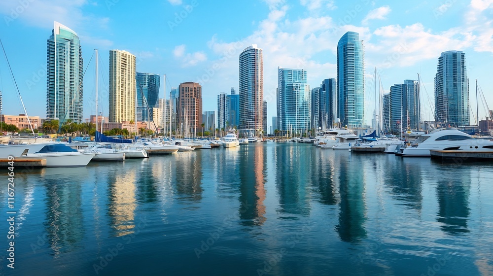 Picturesque City Harbor with Luxury Yachts and Skyscrapers in Background Picturesque City Harbor with Luxury Yachts and Skyscrapers in Background